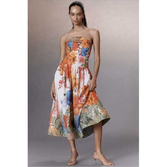 Anthropologie Maeve Strapless Tiger Printed Midi Dress Sz Lg Orange - Picture 1 of 11